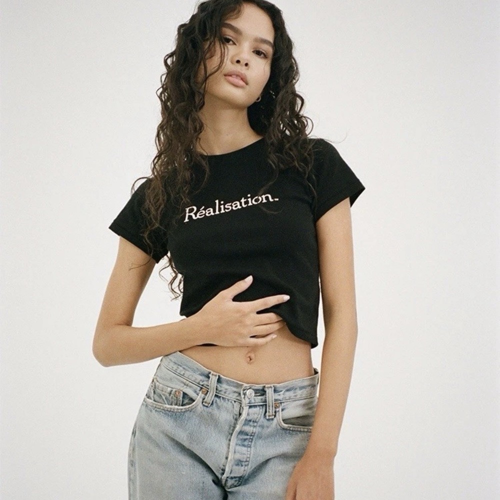 Realisation Par Black Graphic Logo Baby Tee T-Shirt Size XS 100% Cotton